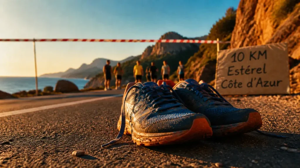 10 km esterel cote d azur : baskets sur route mer et roches rouges, départ