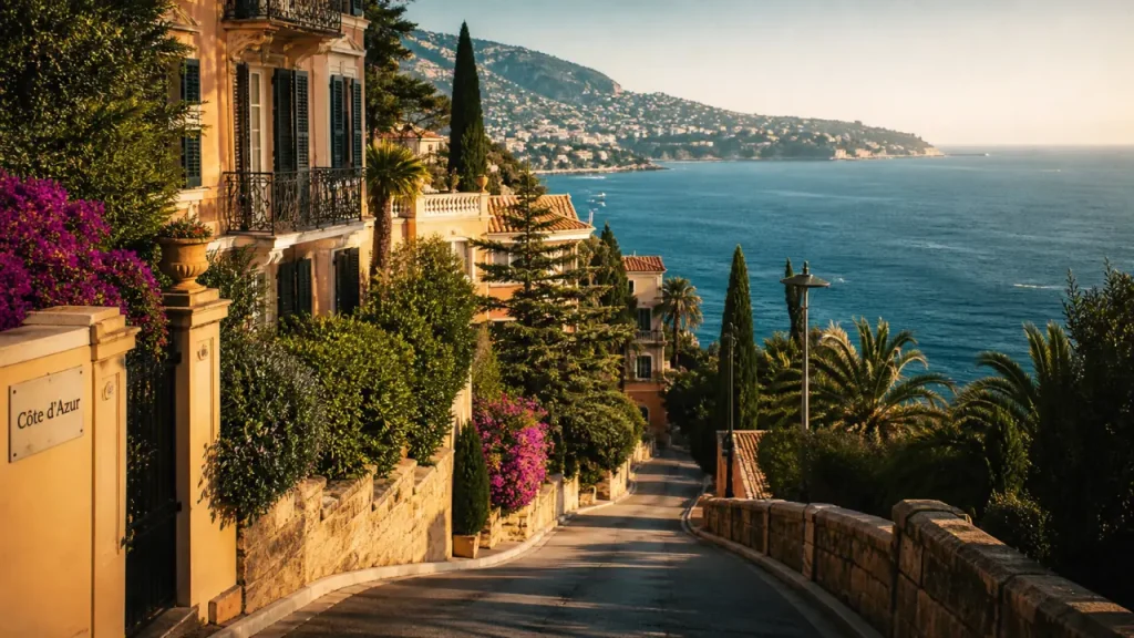 Avenue de la cote d azur roquebrune cap martin : rampe de villas, jardins et Méditerranée