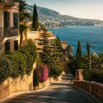 Avenue de la cote d azur roquebrune cap martin : rampe de villas, jardins et Méditerranée