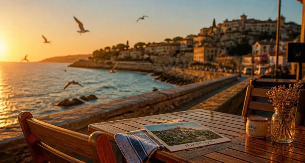 Cagnes sur mer : terrasse bord Méditerranée, Haut-de-Cagnes au loin
