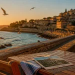 Cagnes sur mer : terrasse bord Méditerranée, Haut-de-Cagnes au loin