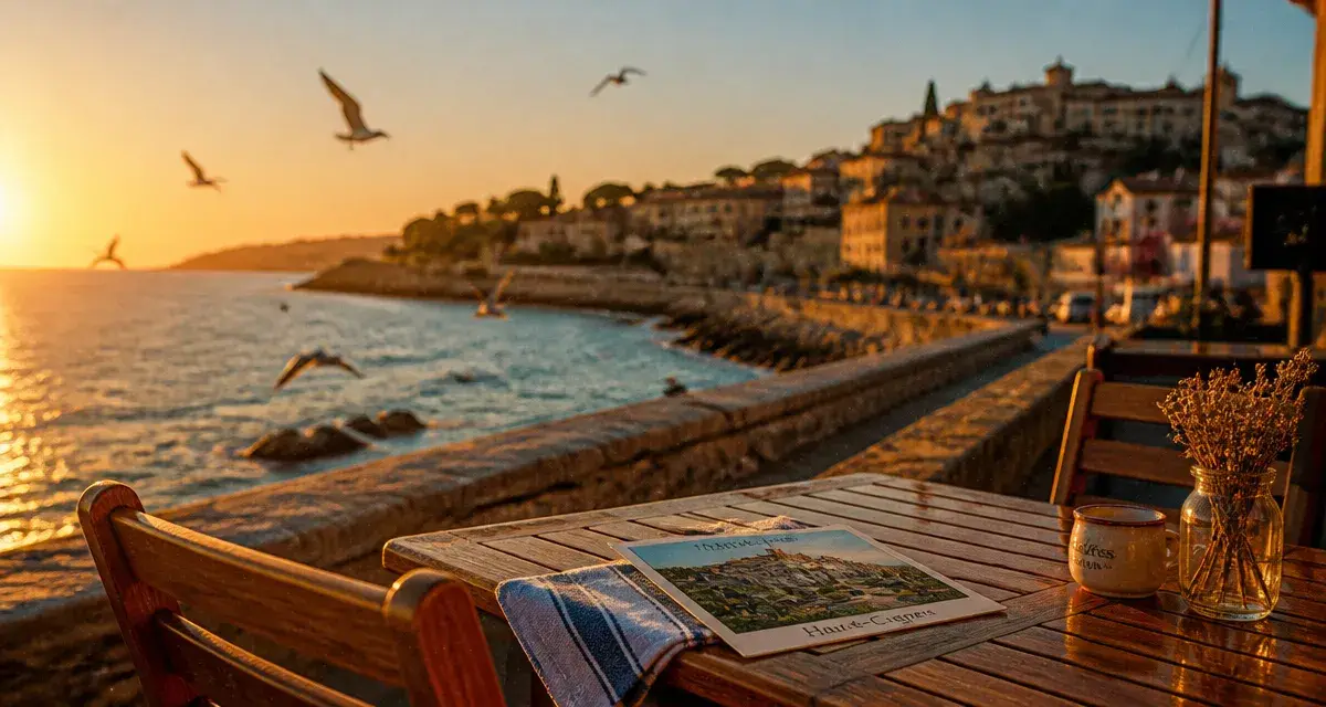 Cagnes sur mer : terrasse bord Méditerranée, Haut-de-Cagnes au loin
