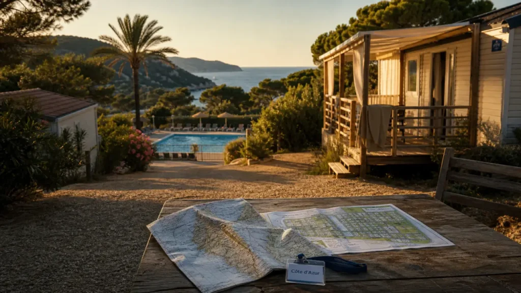 Camping côte d’azur : mobil-home et mer au coucher du soleil