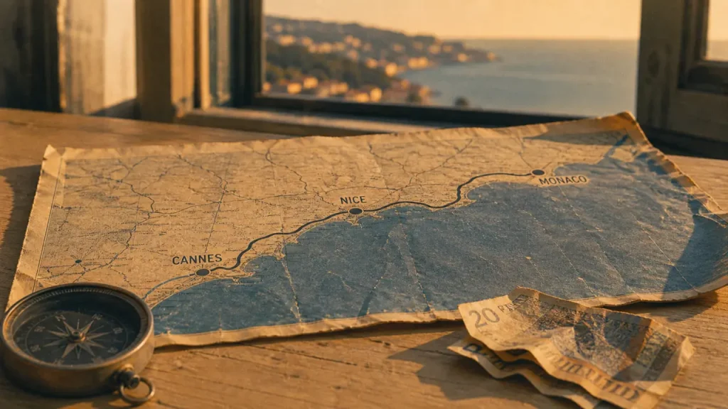 Carte côte d’azur avec villes Nice Cannes Monaco et repères