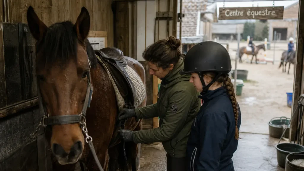 Centre equestre cote d azur : monitrice guide une cavalière débutante