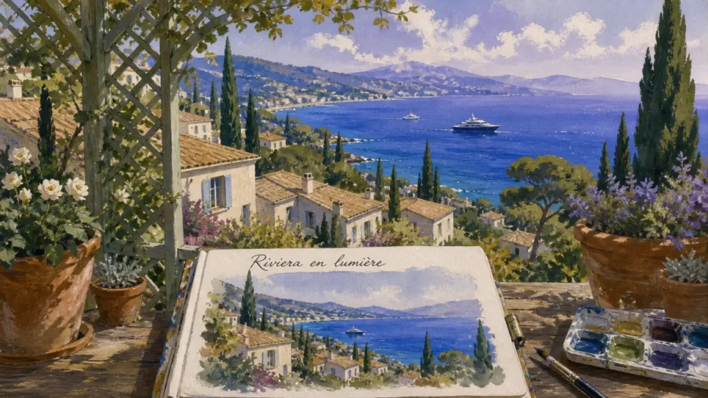 Churchill peint la cote d azur : vue Côte d’Azur depuis un balcon, villas et port