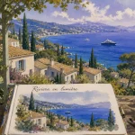 Churchill peint la cote d azur : vue Côte d’Azur depuis un balcon, villas et port