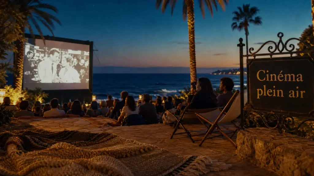 cinema plein air cote d azur : écran extérieur au crépuscule, public et mer