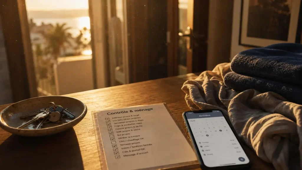 Conciergerie Antibes : clés et checklist ménage devant un appartement