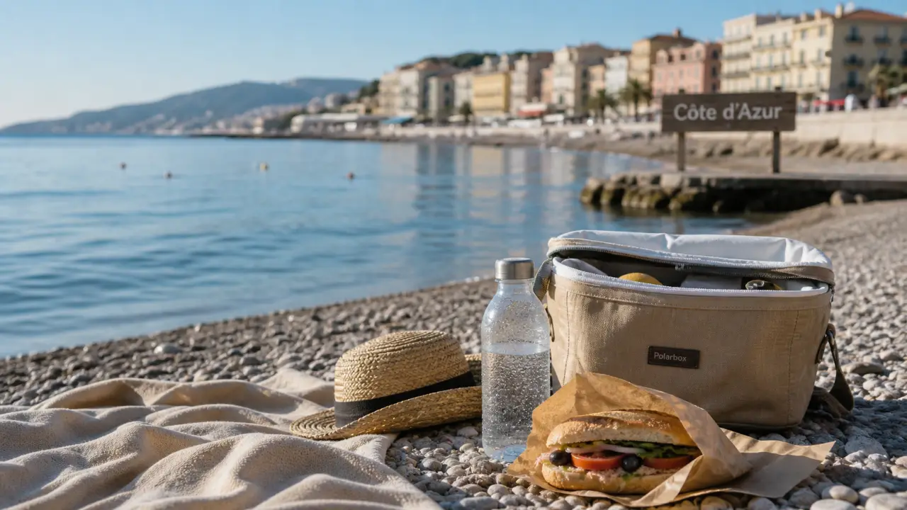 Côte d’Azur été : plage au frais à Nice, serviette et sac isotherme