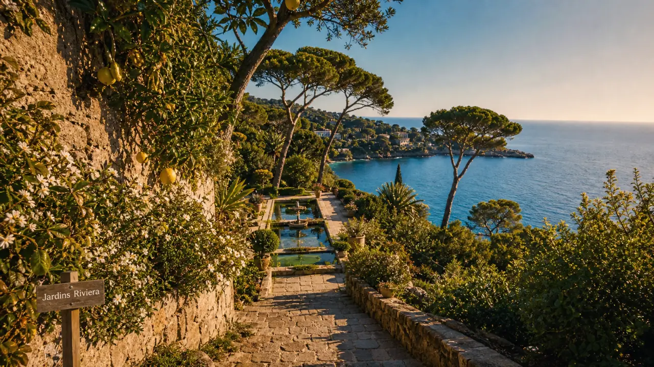 Côte d'Azur printemps : jardins en fleurs sur sentier côtier face à la mer