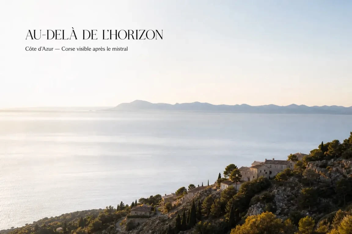 la corse vue de la cote d azur depuis les hauteurs de Nice au lever du soleil