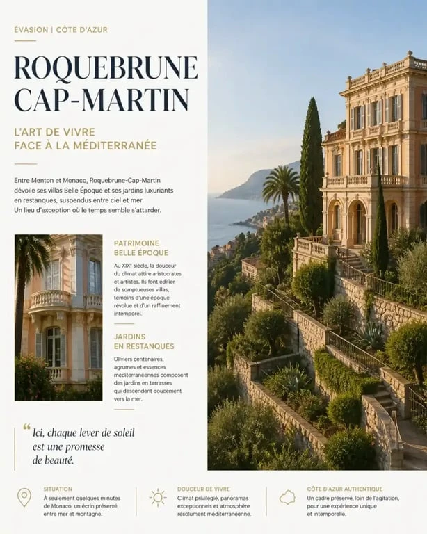 Vue panoramique sur une villa Belle Époque et les jardins en restanques de l'avenue de la Côte d'Azur à Roquebrune-Cap-Martin