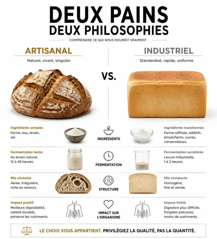 Comparaison visuelle entre un pain artisanal et un pain industriel pour identifier la meilleure boulangerie de France sur la Côte d'Azur
