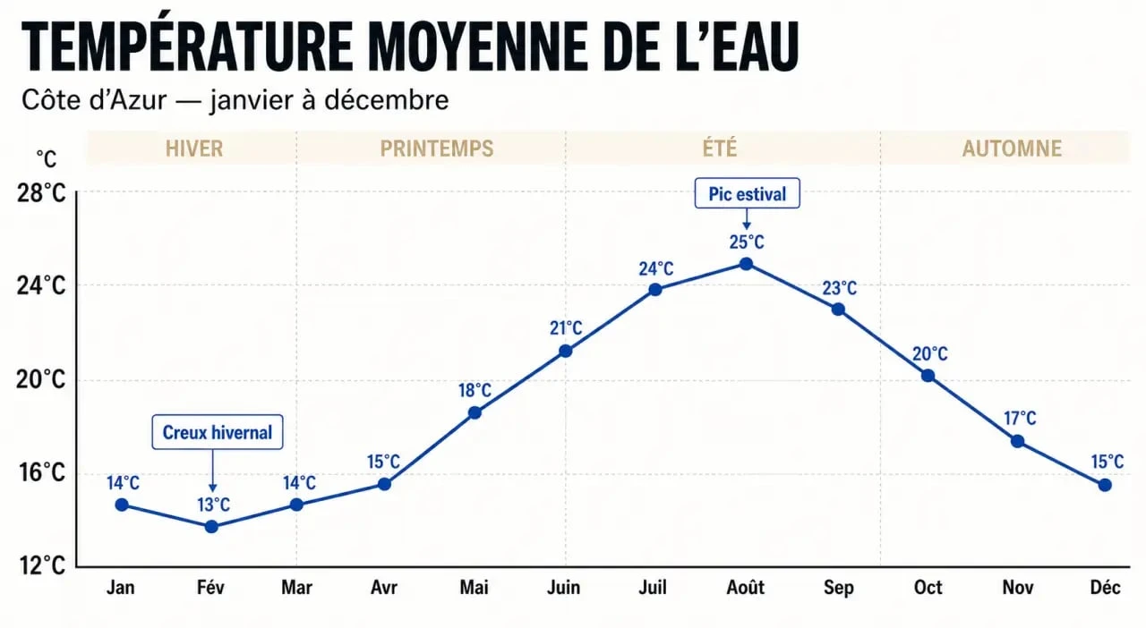 Température eau cote d azur : évolution mensuelle de janvier à décembre