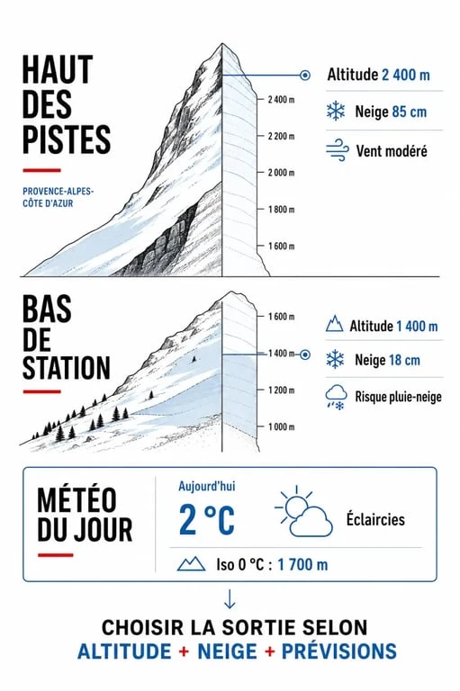 Neige Provence-Alpes-Côte d’Azur : schéma éditorial des différences entre haut des pistes, bas de station et météo