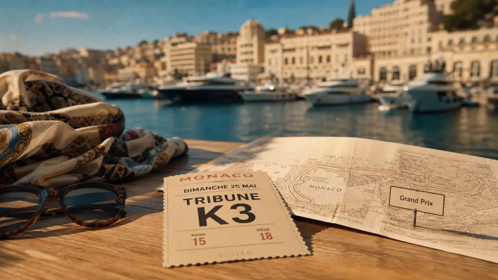 Evenement Monaco : billet perforé Grand Prix et plan de Monaco au Port Hercule