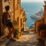 eze village cote d'azur france : ruelle en pierre, vue mer à la golden hour