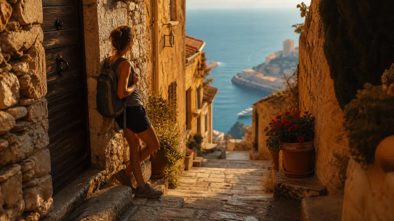 eze village cote d'azur france : ruelle en pierre, vue mer à la golden hour