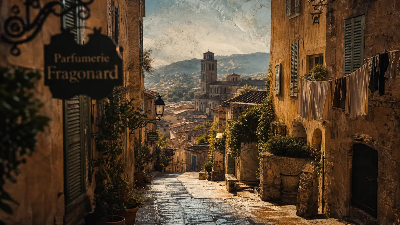 Ruelle du vieux Grasse, grasse centre ville, façades ocre et cathédrale en arrière-plan