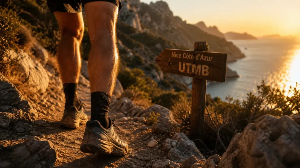nice cote d azur by utmb : coureur face à la Méditerranée, sentier pierreux
