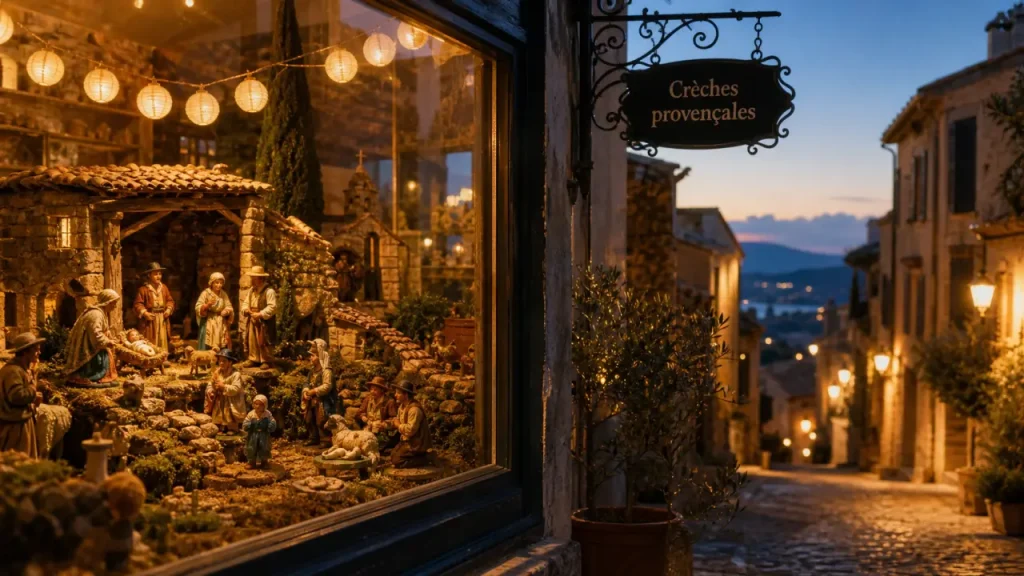 Noël côte d’azur : crèche provençale en ruelle illuminée
