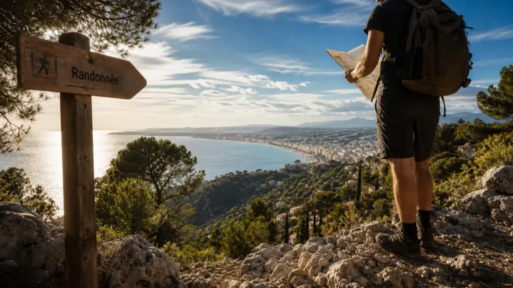 Randonnées Alpes Maritimes : randonneur lit une carte au-dessus de Nice