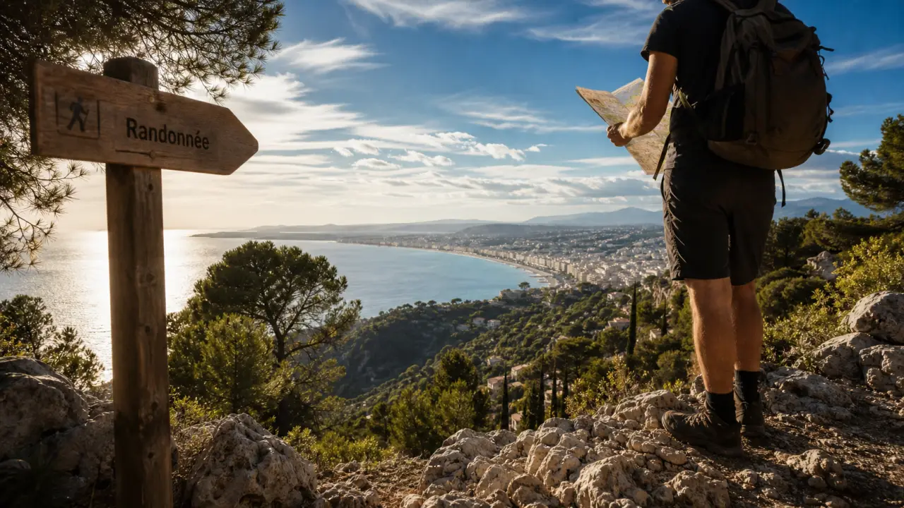 Randonnées Alpes Maritimes : randonneur lit une carte au-dessus de Nice