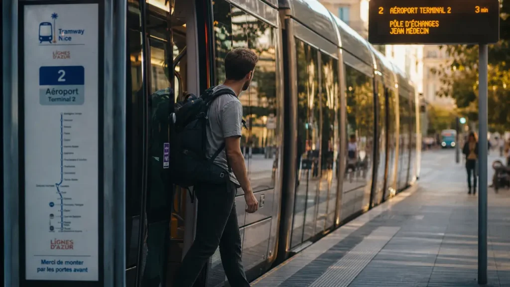 Tramway de Nice : départ vers l’aéroport près de Jean Médecin