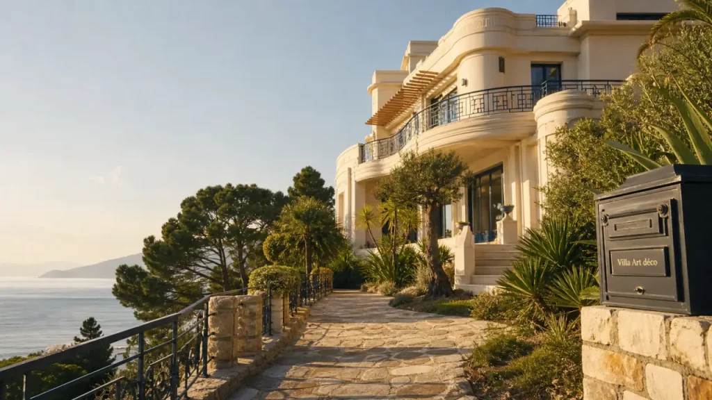 Villa art deco cote d azur, façade lignes paquebot et garde-corps géométriques