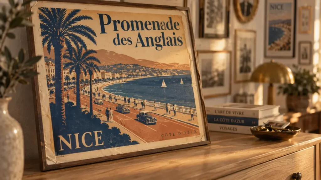 Affiche cote d azur Promenade des Anglais vintage, encadrée