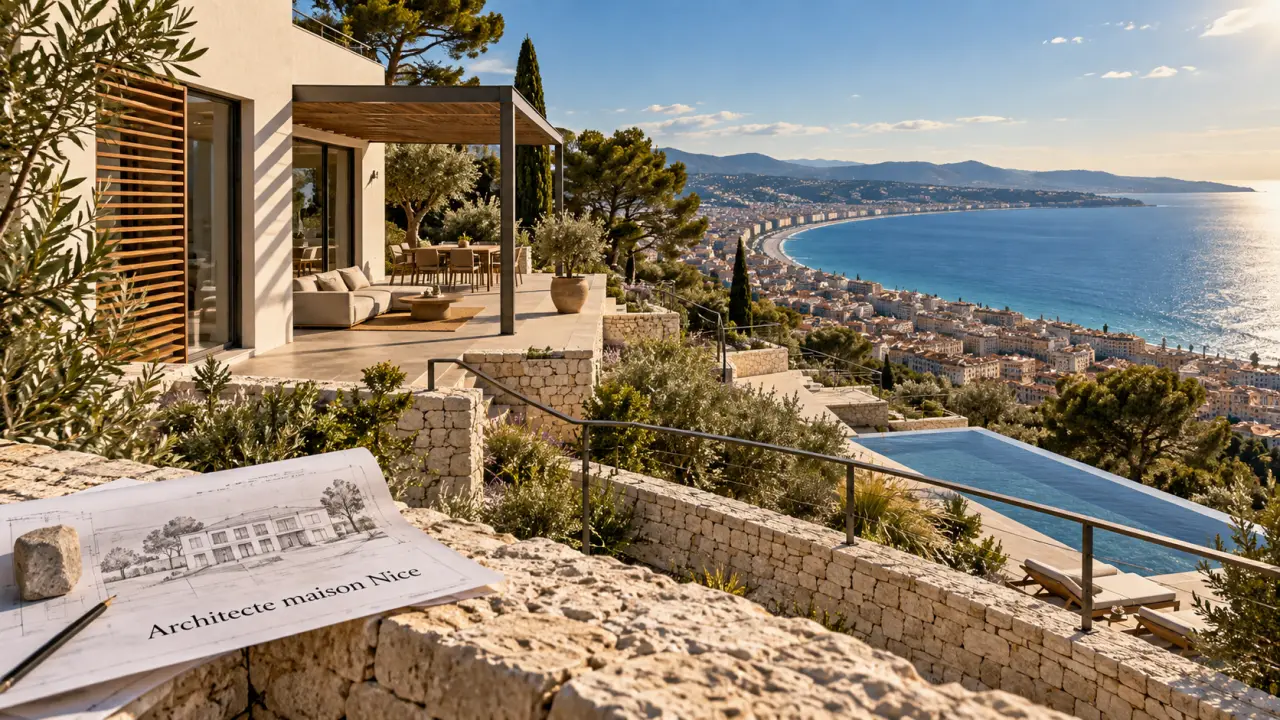 Architecture cote d azur, villa contemporaine à Nice sur restanques, vue mer