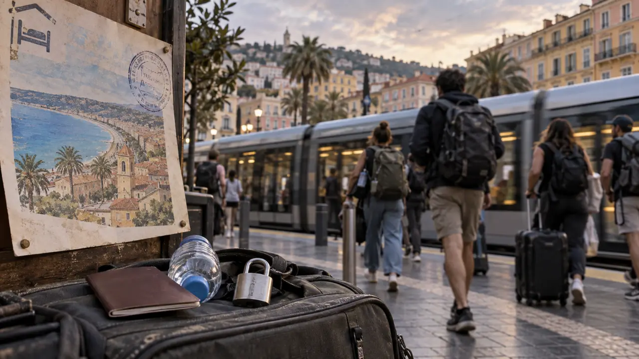 Auberge de jeunesse cote d azur près de la mer, valise et cadenas devant la gare