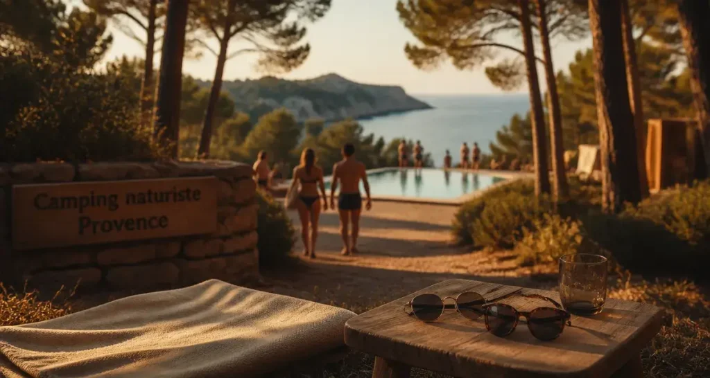 Camping naturiste provence cote d azur en pinède, ambiance golden hour