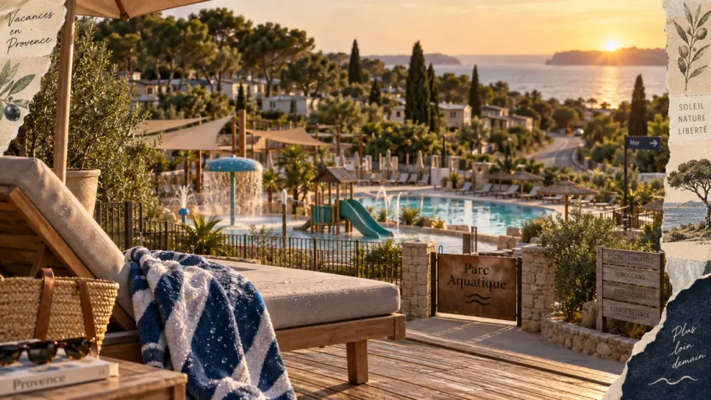 Camping avec parc aquatique Provence Alpes Côte d’Azur : terrasse, transat et toboggan