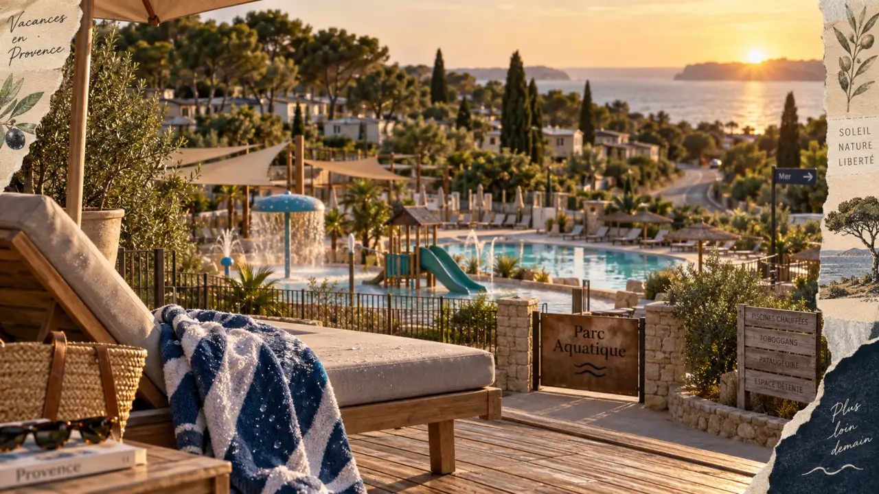 Camping avec parc aquatique Provence Alpes Côte d’Azur : terrasse, transat et toboggan