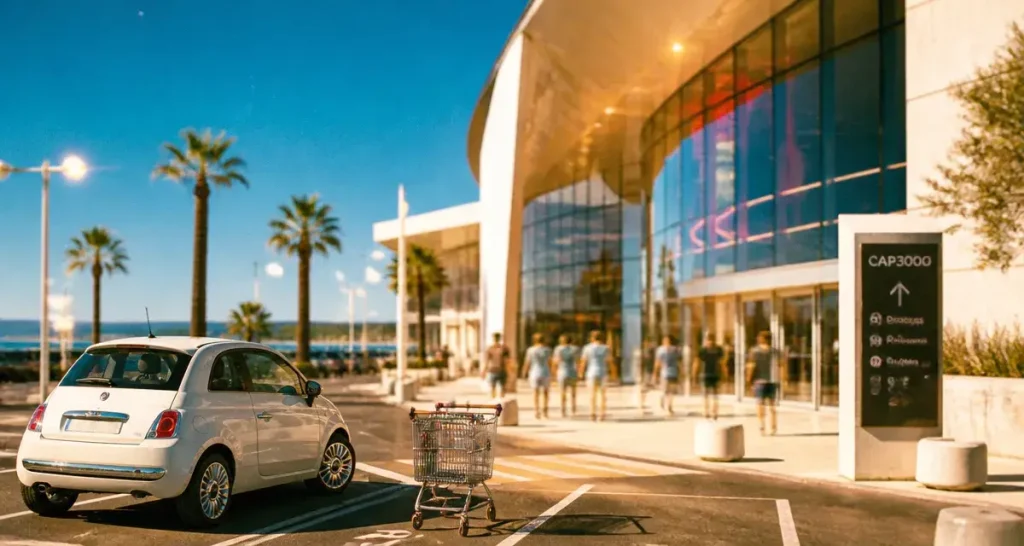 cap cote d azur centre commercial, parking devant entrée vitrée, mer au loin