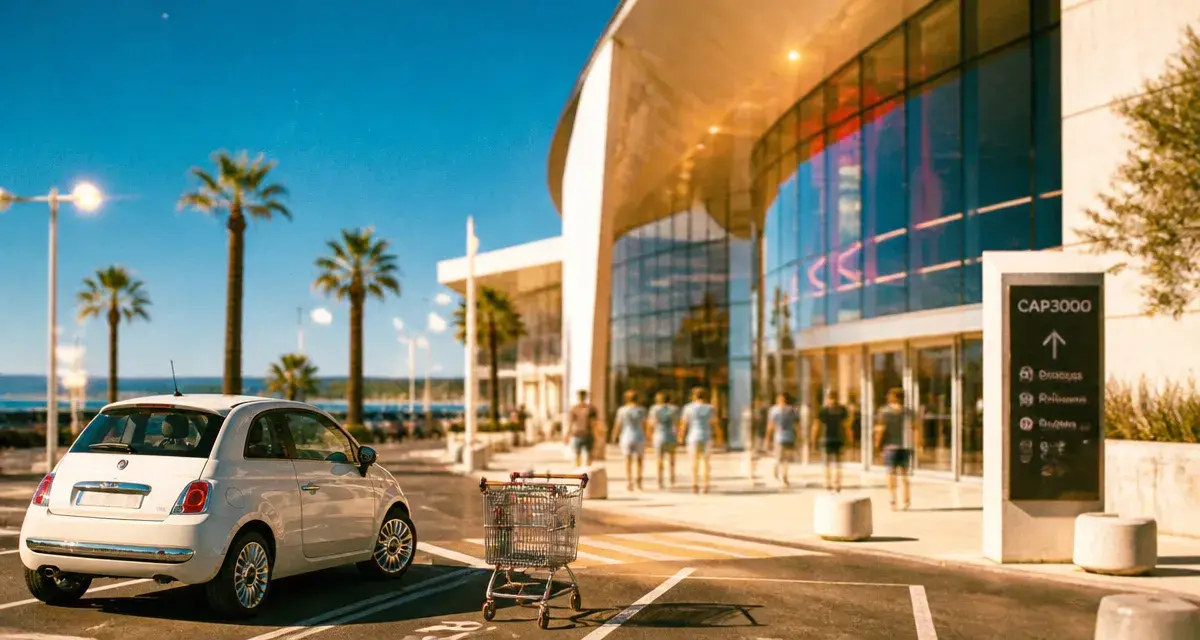 cap cote d azur centre commercial, parking devant entrée vitrée, mer au loin