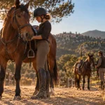 Centre equestre cote d azur : cavalière en randonnée au pas, cheval et pinède