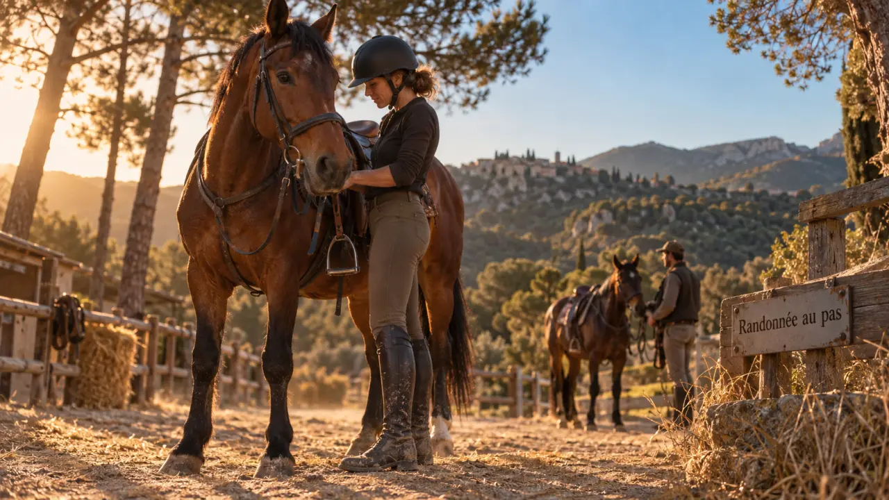 Centre equestre cote d azur : cavalière en randonnée au pas, cheval et pinède