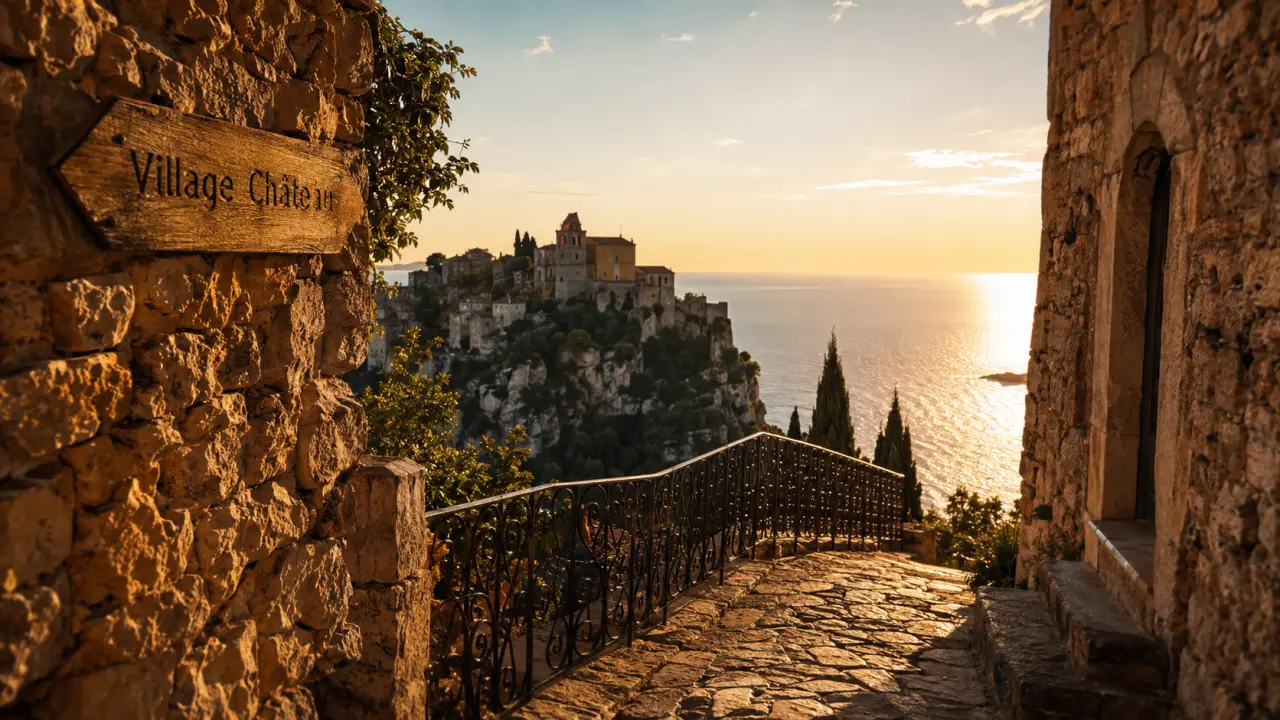 Château provence alpes cote d azur : village perché d’Èze au coucher du soleil