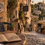 Cote d azur chic à Èze, ruelle pavée et marché en matinée
