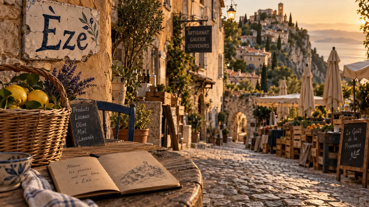 Cote d azur chic à Èze, ruelle pavée et marché en matinée