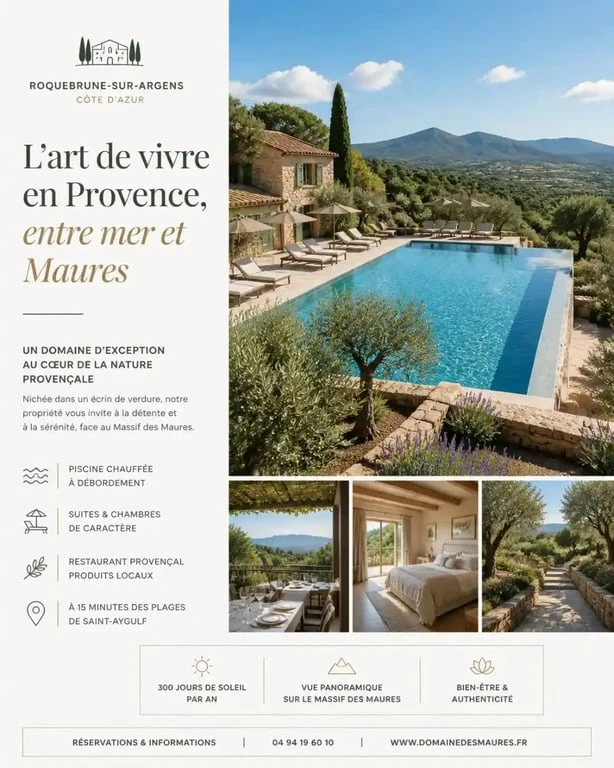 Vue panoramique du village club Miléade à Roquebrune-sur-Argens avec piscine et vue sur le massif des Maures