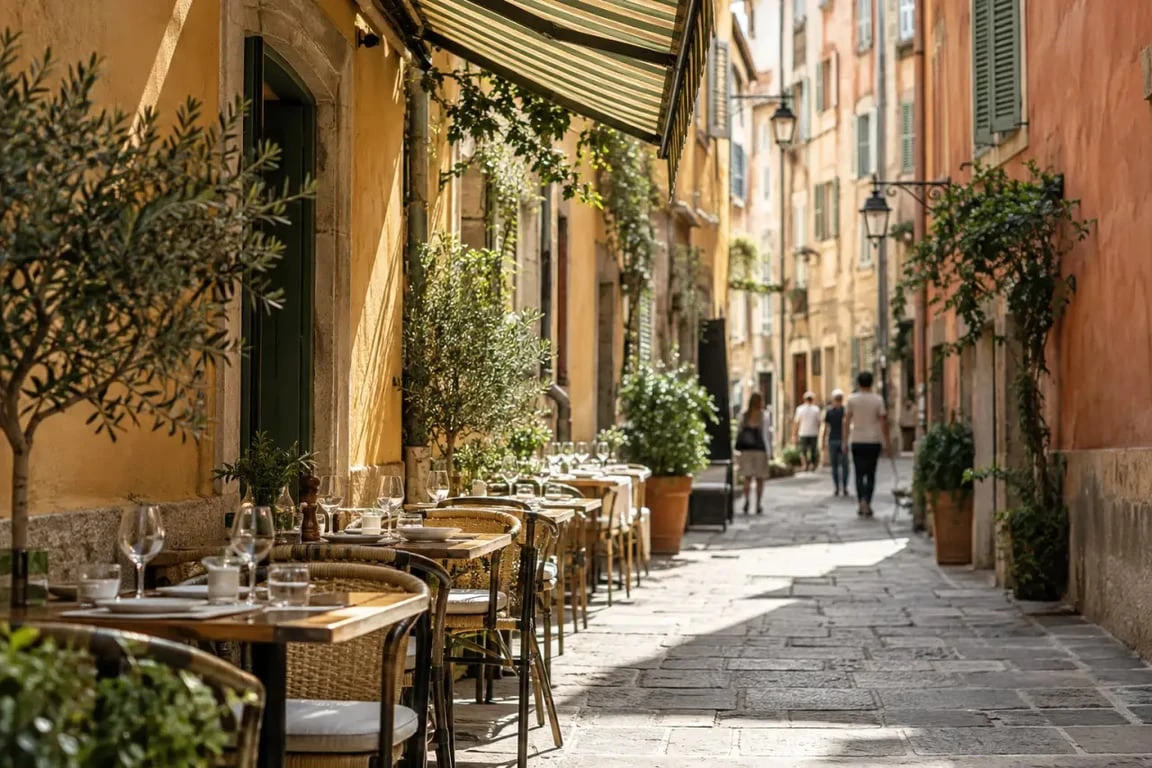 Restaurant Vieux-Nice avec terrasse dans une ruelle ensoleillée et ombragée