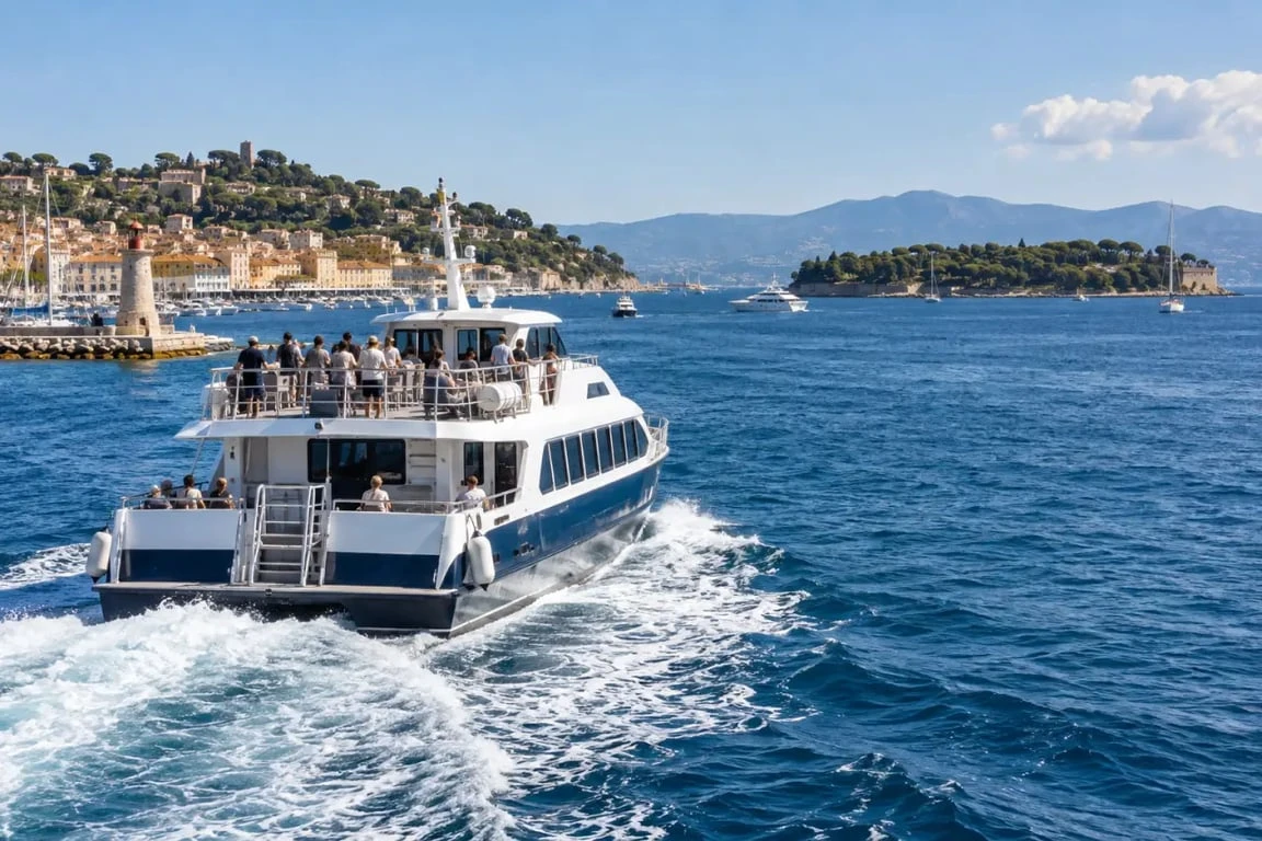Navette plage Côte d’Azur quittant un port pour une traversée maritime vers une destination côtière