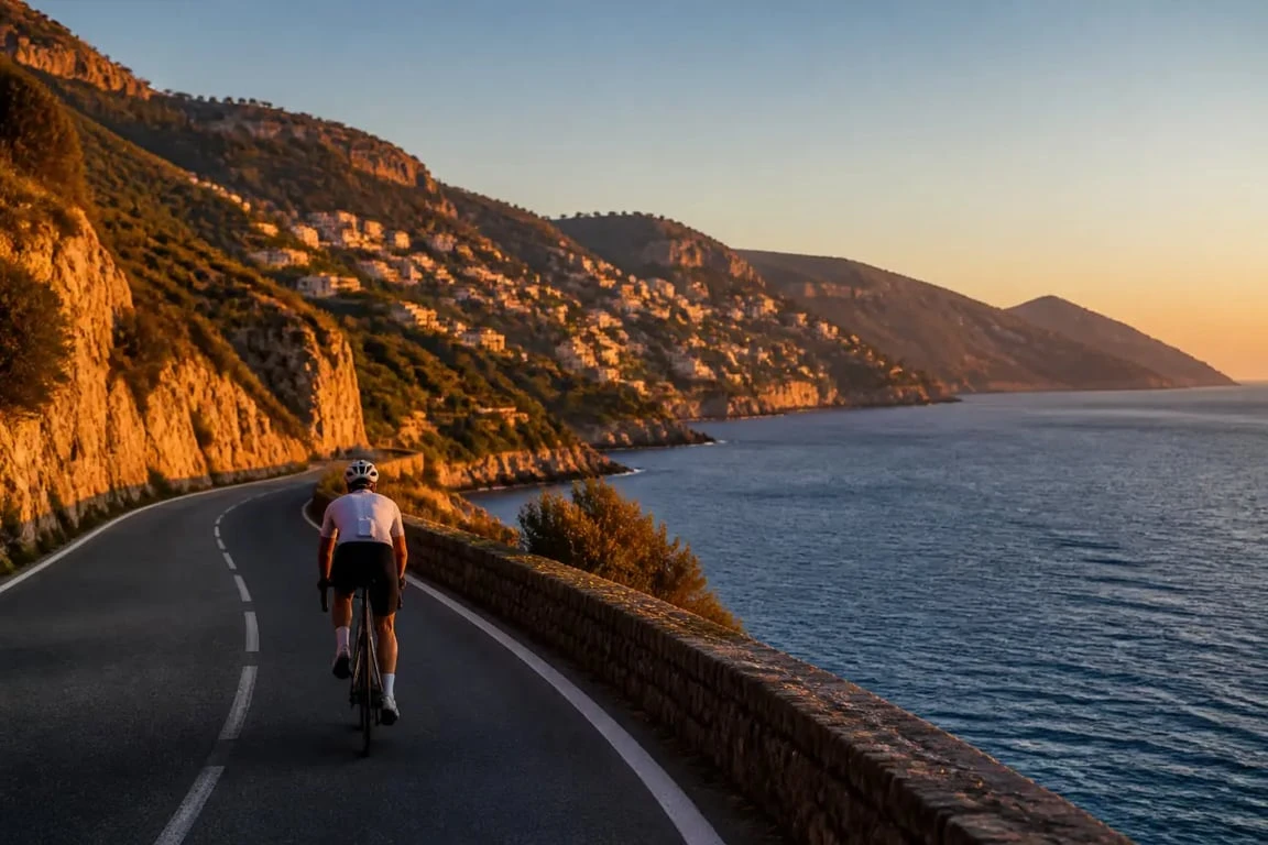 cote d azur velo sur une route côtière avec vue sur la Méditerranée