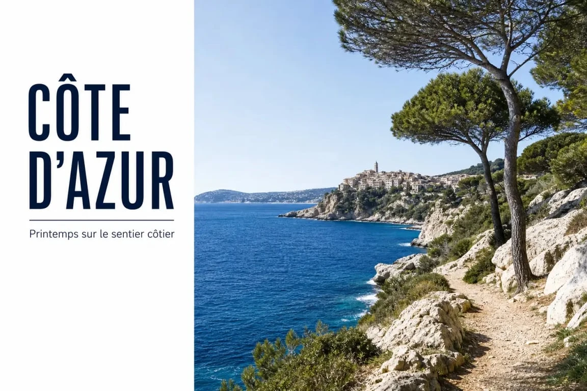 Printemps cote d azur : vue panoramique sur la mer, les pins et un village perché