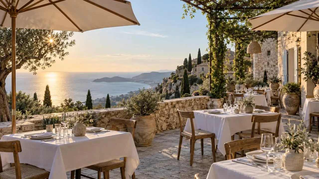 Terrasse panoramique d’un restaurant typique Côte d’Azur dans un village perché