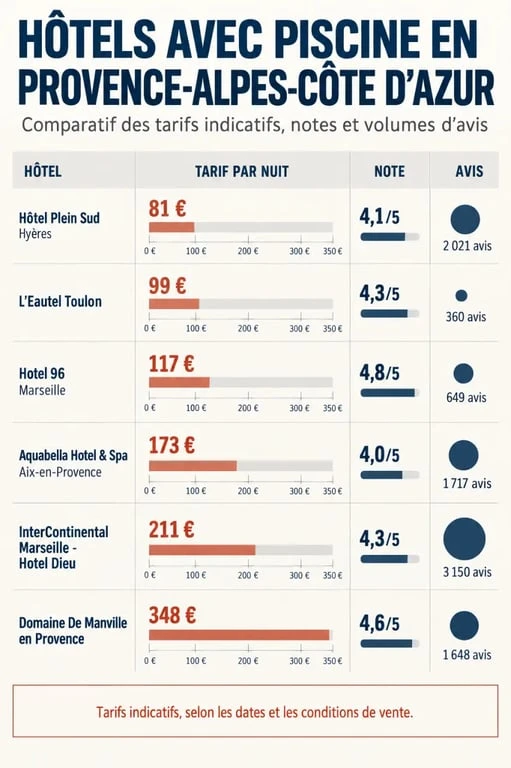 Comparaison de six hôtels avec piscine en Provence-Alpes-Côte d’Azur selon le prix, la note et le nombre d’avis